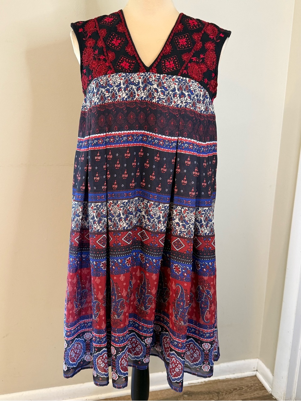 Kas New York paisley floral patchwork sleeveless midi dress red navy SM